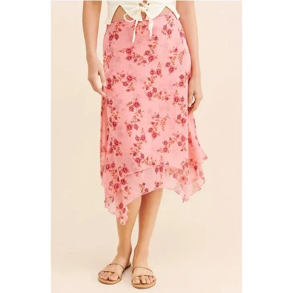 Free People Cottagecore Garden Party Floral Handkerchief Hem Midi Skirt ,Pink ,L - Picture 2 of 9